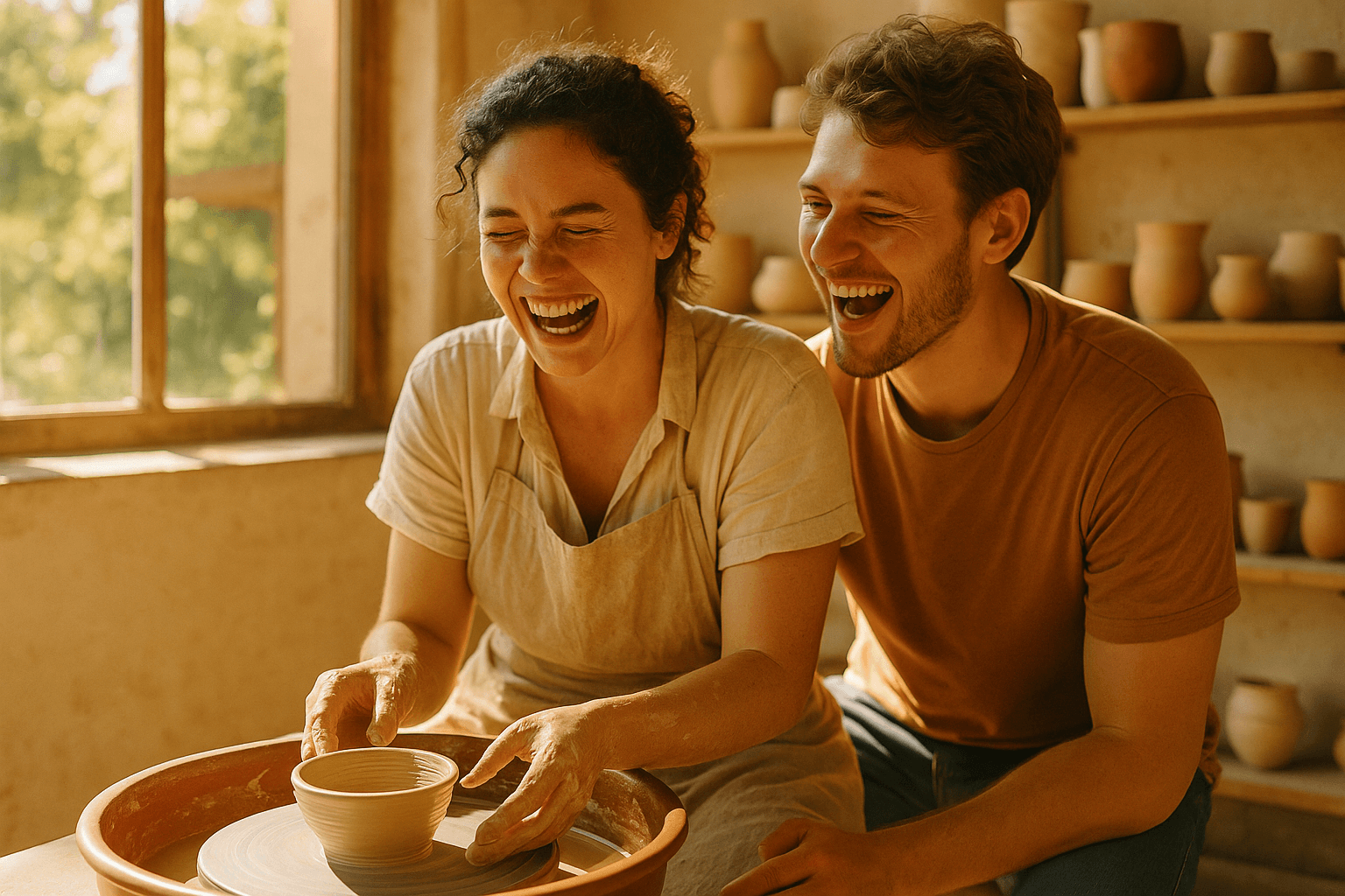 A couple laughing together at a pottery wheel — she shapes the clay while they both crack up at the beautiful mess