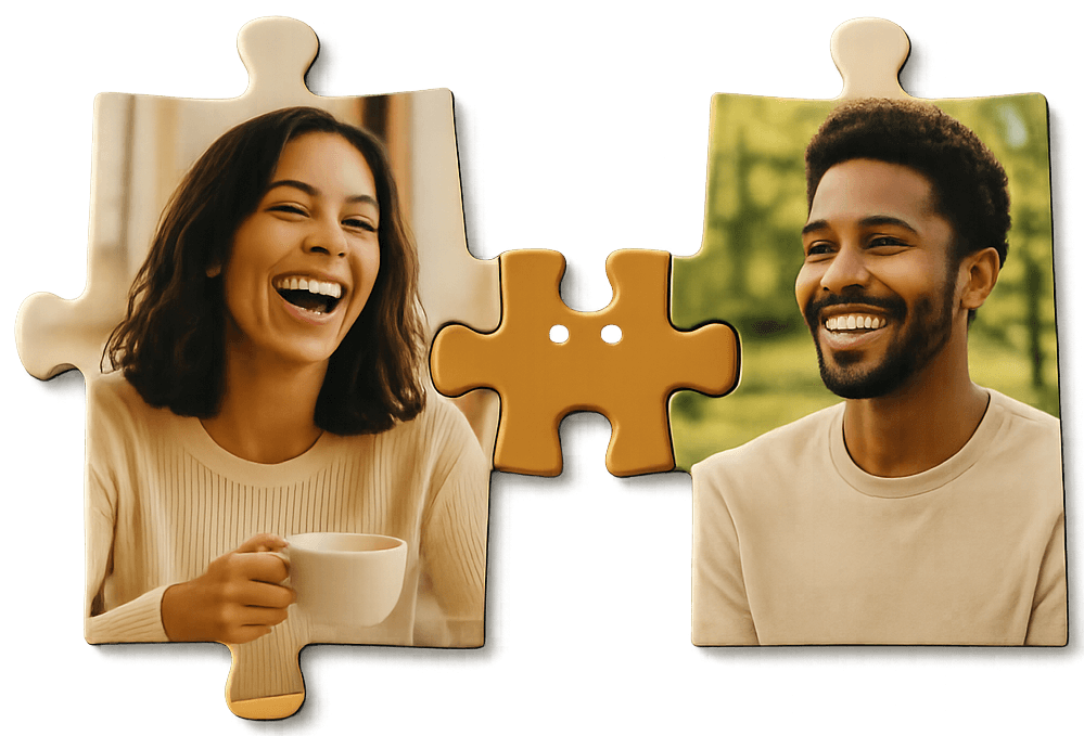 Three puzzle pieces coming together — a laughing woman on the left, Rumi's golden puzzle piece with eyes in the center, and a smiling man on the right